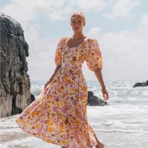 Billabong Orange Pink Maxi Puff Sleeve Sundress